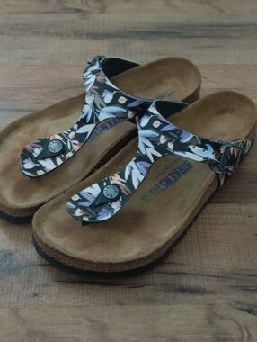 Birkenstock Black Floral Thong Sandals with Pastel Accents